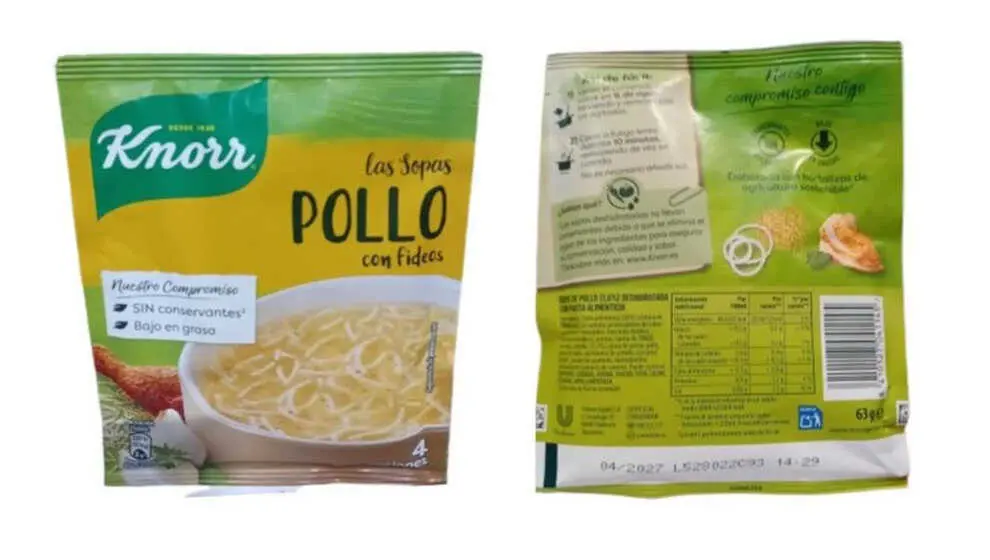 "Alerta sanitaria nacional: piezas de metal y caucho en sopas Knorr distribuidas en siete comunidades autónomas"